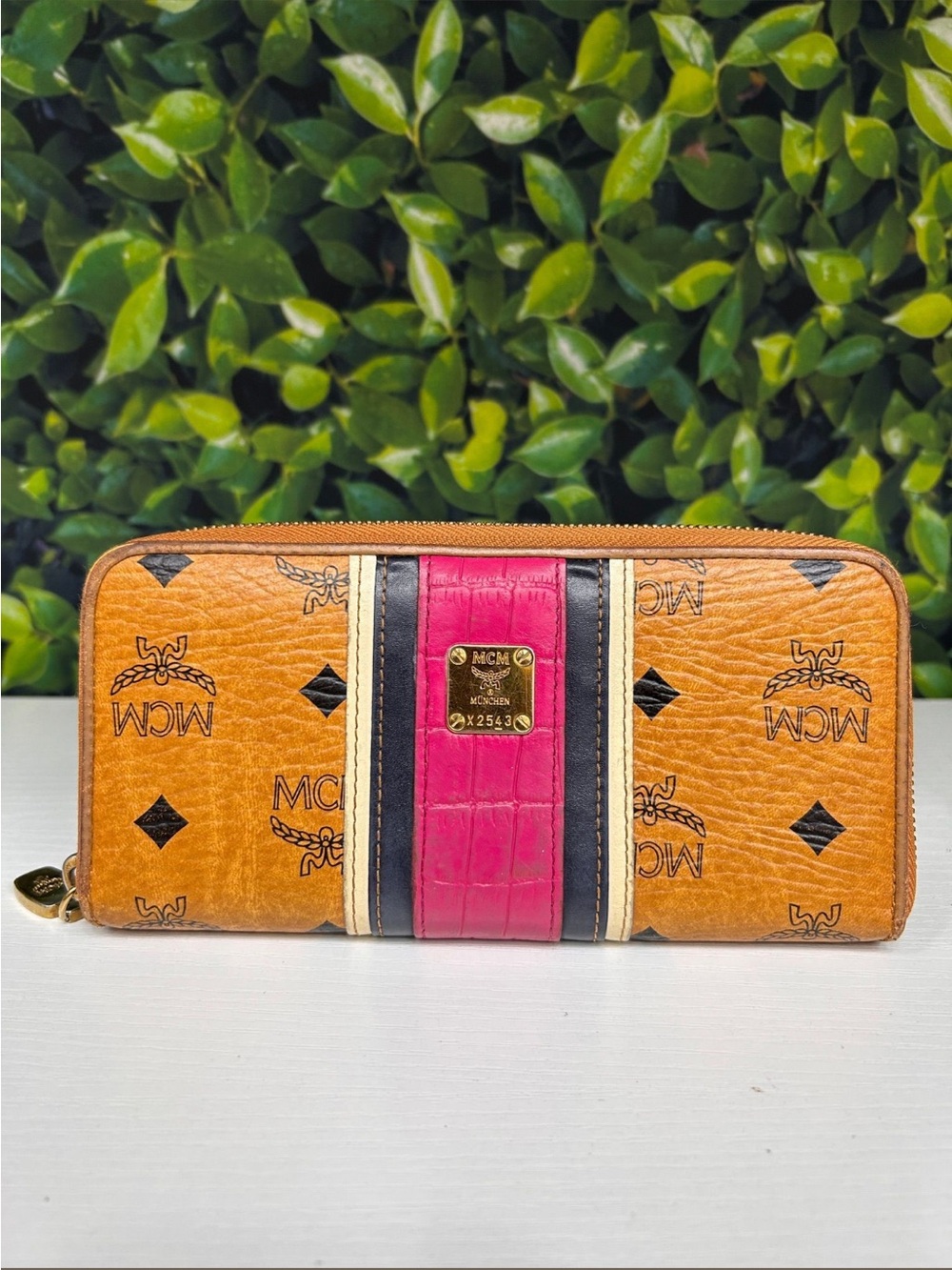 MCM Cognac Visetos Zip Wallet with Pink and Black Stripe